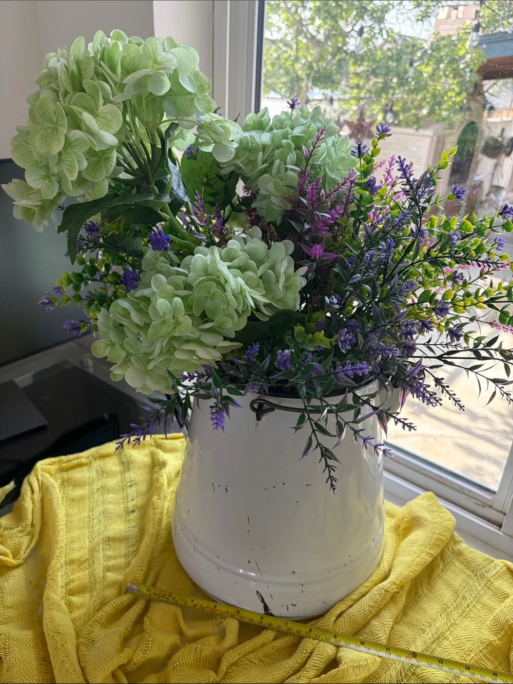 Artificial Hydrangea and Lavender Arrangement in White Pitcher vintage